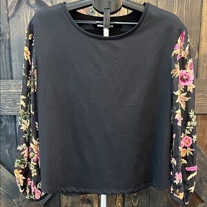Umgee USA Floral Velvet Burnout Top L Black Sheer Embroidery Balloon Sleeve Boho